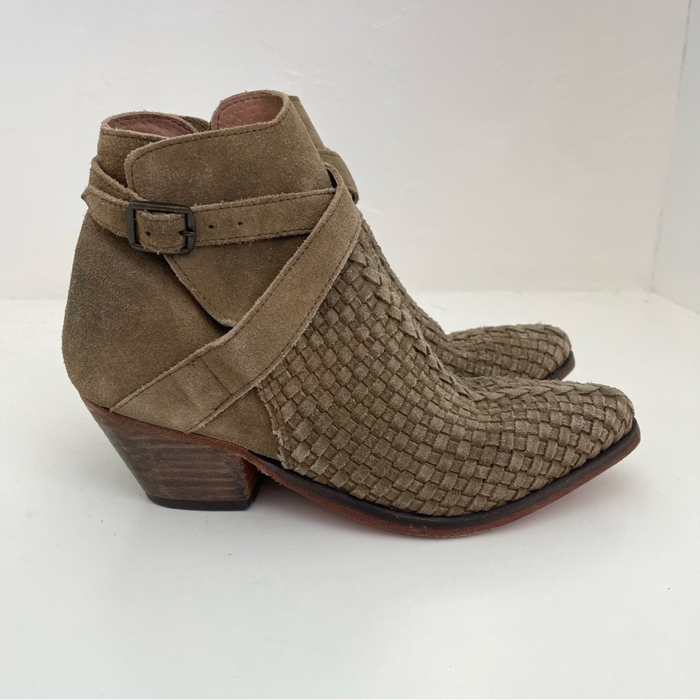 Free People Venture Suede Soapstone Olive Green Tan Woven Ankle Booties Boots